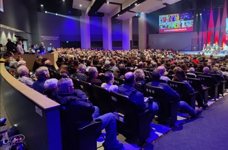 Members of Cornerstone Church of Caledonia, Michigan gather at the congregation's 84th Street Campus to vote to disaffiliate from The United Methodist Church on Sunday, March 19, 2023.
