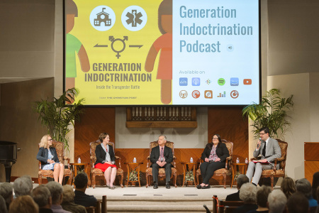 From left to right: Panelists Jennifer Lahl of the Center for Bioethics & Culture; Mary Hasson, a lawyer with the Ethics & Public Policy Center; Dr. Andre Van Mol; and Amie Ichikawa of Woman II Woman speak with moderator Brandon Showalter, a social commentator with The Christian Post at an event titled "Unmasking Gender Ideology: Protecting Children, Confronting Transgenderism" at First Baptist Dallas in Dallas, Texas, on March 23, 2023.