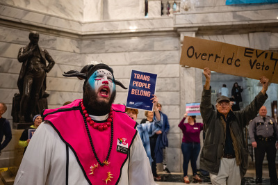 Ken Tagious, a genderqueer "clown nun," shouts after a press conference held by supporters of SB 150 on March 29, 2023, at the Kentucky State Capitol in Frankfort, Kentucky. SB 150, which was proposed by Republican state Sen. Max Wise, was vetoed by Kentucky Gov. Andy Beshear during the General Assembly. Lawmakers overrode his veto, passing the bill into law to protect youth from chemical castration and body mutilating sex-change surgeries.
