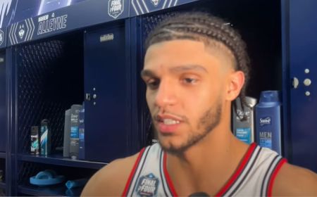 The University of Connecticut men's basketball player Andre Jackson makes remarks following a March Madness game on April 1, 2023.