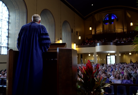 Rev. Jim Keck of First-Plymouth Congregational Church in Lincoln, Nebraska, preaches an Easter sermon on April 9, 2023.