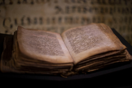 An original handwritten Syriac (Peshitta) translation of The Gospels from the 9th century is displayed at the "Book of Books" exhibition in the Bible Lands Museum on October 23, 2013, in Jerusalem, Israel. 