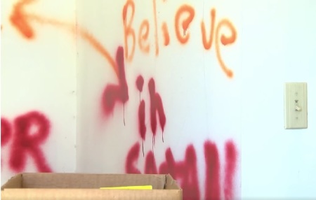 Vandalism seen on one of the walls of Konnarock Baptist Church of Washington County, Virginia, on April 9, 2023.
