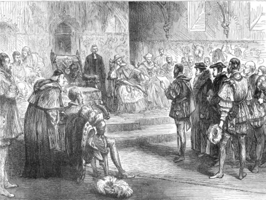 Elector John of Saxony reads a protest against the repeal of the Edict of Toleration, which suspended a decree against Martin Luther, during the 1529 Diet of Speyer.