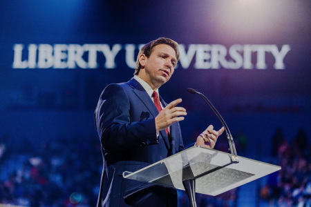 Florida Gov. Ron DeSantis speaks at Liberty University in Lynchburg, Virginia, on April 14, 2023.
