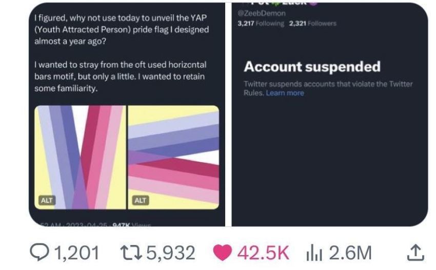A screenshot of a now-deleted tweet showing a pedophilia pride flag.