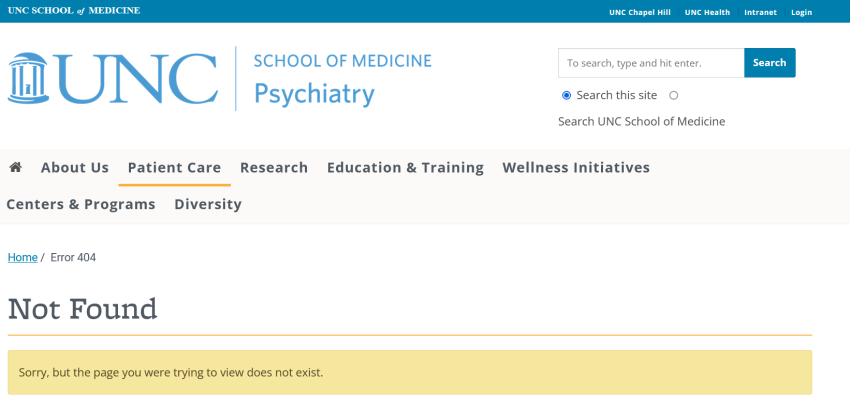 A screenshot of a page on the University of North Carolina's School of Medicine which formerly linked to a child/adolescent