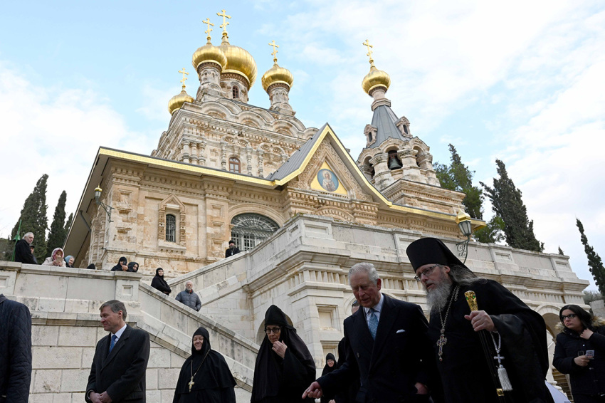 Prince Charles, Prince of Wales (C) leaves after visiting the tomb where his grandmother Princess Alice is buried at the Church of St Mary Magdalene at the Mount of Olives on January 24, 2020, in Jerusalem, Israel. The Prince of Wales is on a two day trip to the Middle East, meeting with the President of Israel Reuven Rivlin, Holocaust survivors and Palestinian President Mahmoud Abbas.