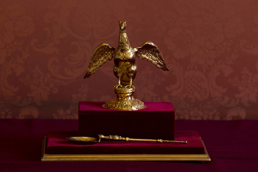 The Ampulla and Coronation Spoon, which was used at Queen Elizabeth II's Coronation in 1953, is displayed during a multi-faith reception at Lambeth Palace on February 15, 2012, in London, England.