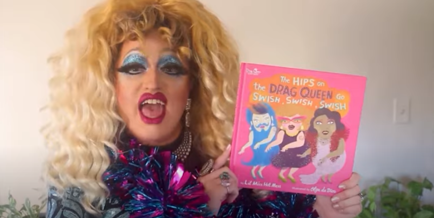 Drag Queen Lil Miss Hot Mess reads the book, "The Hips on the Drag Queen Go Swish, Swish, Swish."