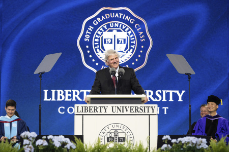 The Rev. Franklin Graham gives the commencement address at Liberty University's graduation ceremony in Lynchburg, Virginia, May 12, 2023.