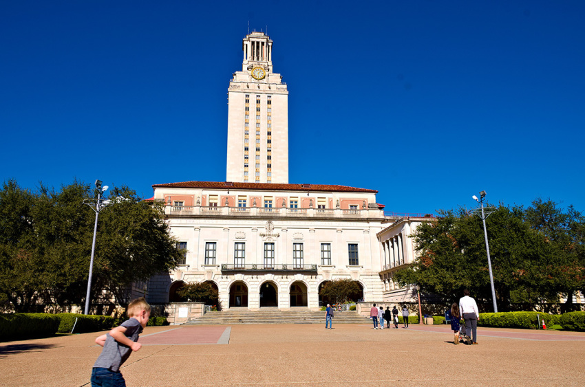 A clock tower on the campus of the University of Texas at Austin, Nov. 28, 2021.