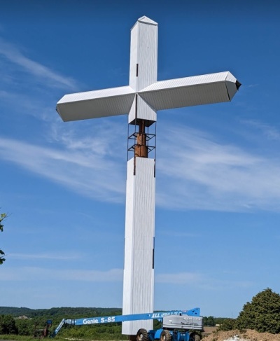 A cross measuring 108-feet tall that is under construction on the property of Hilltop Baptist Church of Indiana, Pennsylvania. Photo taken circa May 2023.