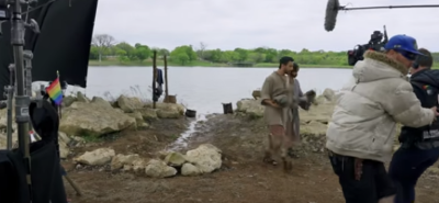 An LGBT pride flag appears on a production camera as filming for the fourth season of "The Chosen" takes place.
