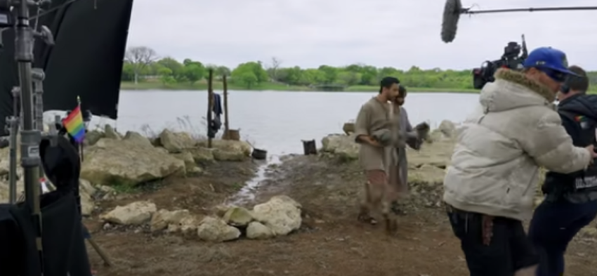 An LGBT pride flag appears on a production camera as filming for the fourth season of "The Chosen" takes place.