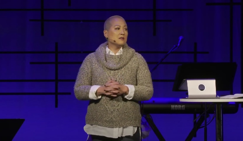 Gail Bantum, the lead pastor of the Quest Church of Seattle, Washington, preaches at a worship service held in December 2022.