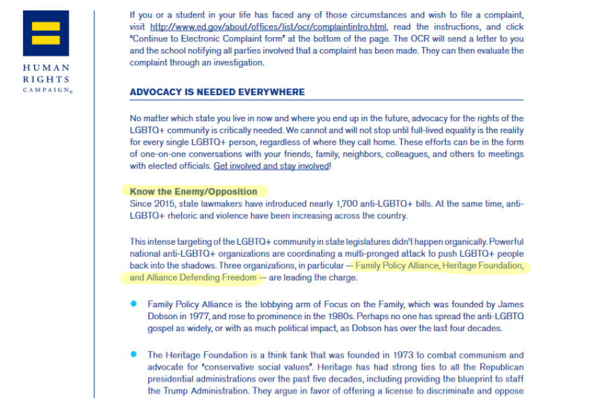 A screenshot of a Human Rights Campaign report with the section labeled "Know the Enemy/Opposition" and a list of conservative advocacy groups.