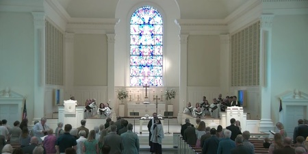 Attendees participate in a worship service held at Canterbury United Methodist Church in Mountain Brook, Alabama, on Sunday, June 4, 2023.
