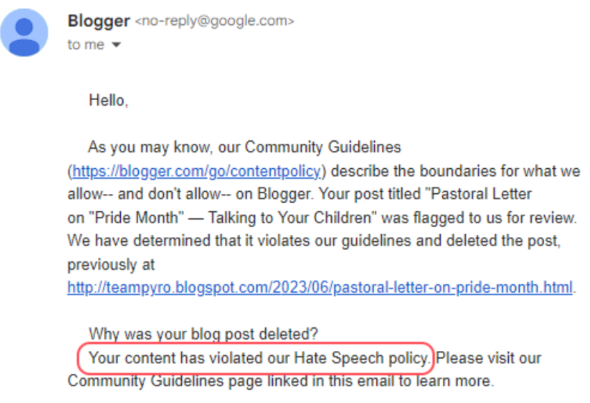 A blogger administrator email explains why Dan Phillips' pastoral letter was deleted, saying it violated Blogger's