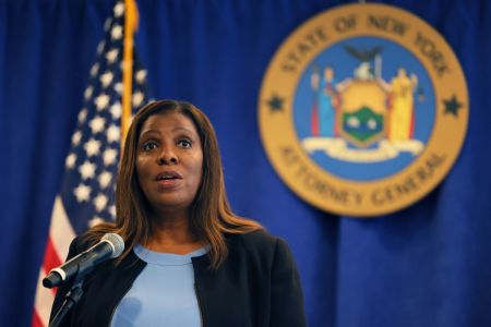 New York Attorney General Letitia James speaks during a press conference at the office of the Attorney General on July 13, 2022 in New York City. NY AG James announced today that her office has reached a settlement of $500,000 for more than a dozen current and former employees of the Sweet and Vicious, a bar in Manhattan, after a 16-month investigation into allegations of sexual harassment, discrimination and wage theft at the establishment.