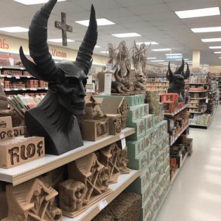 A screenshot of an image posted on Facebook showing an AI-generated display at Hobby Lobby.