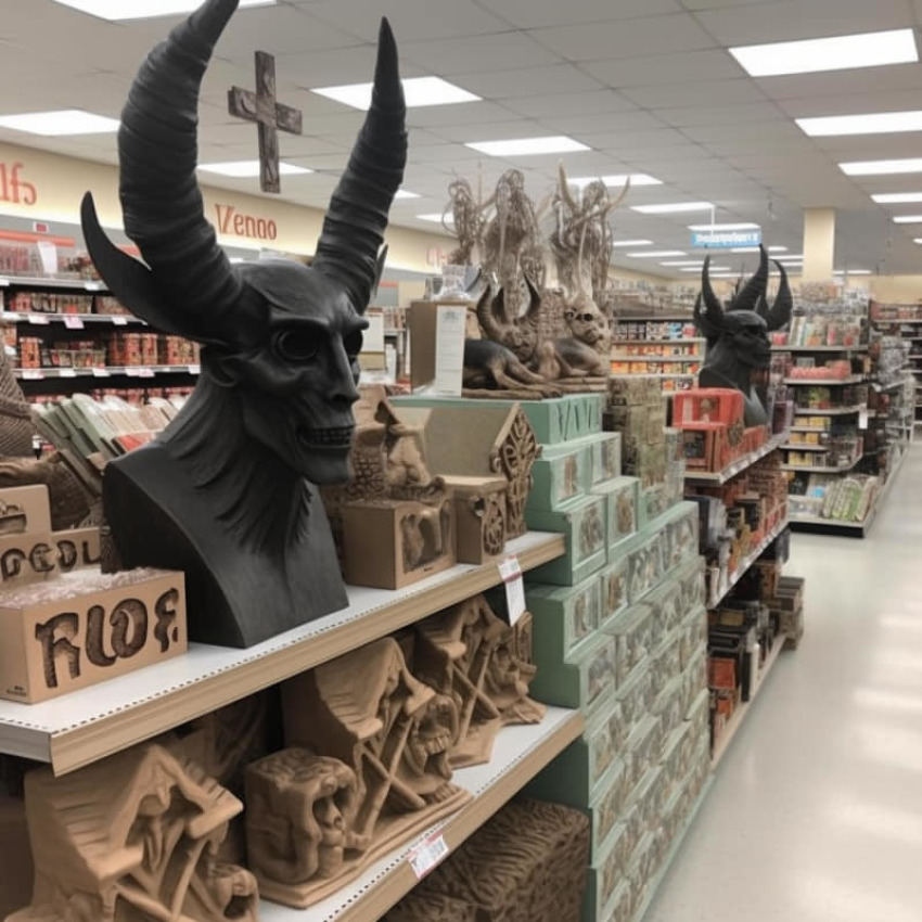 A screenshot of an image posted on Facebook showing an AI-generated display at Hobby Lobby.