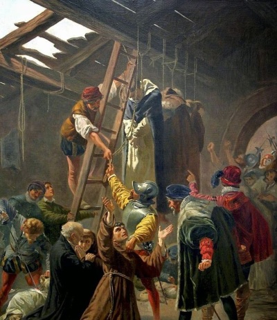 A 19th century depiction of the Martyrs of Gorkum, a group of Catholic priests who were executed by Protestants in the Dutch town of Gorkum in 1572.