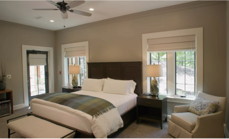 A bedroom inside The The Lodge at Grants Mill was built by the Church of the Highlands in Alabama.