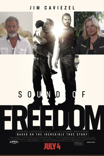 Mel Gibson and Mira Sorvino and Sound of Freedom poster, 2023