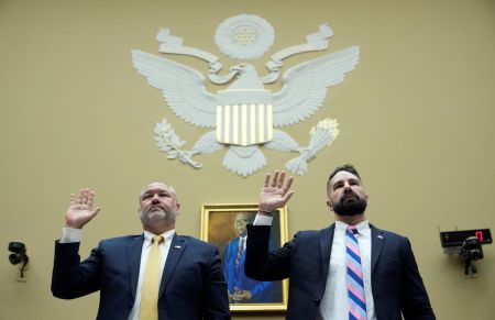 Supervisory IRS Special Agent Gary Shapley (L) and IRS Criminal Investigator Joseph Ziegler are sworn-in as they testify during a House Oversight Committee hearing related to the Justice Department's investigation of Hunter Biden, on Capitol Hill, July 19, 2023, in Washington, D.C. The committee heard testimony from two whistleblowers from the Internal Revenue Service who allege that the Hunter Biden criminal probe was mishandled by the Department of Justice.