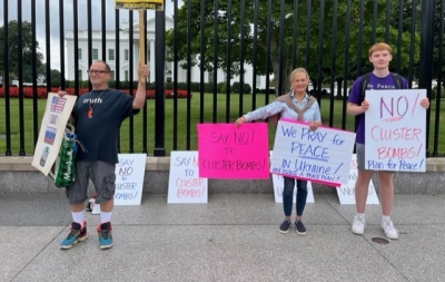 The Rev. Patrick Mahoney of Christian Defense Coalition and several peace activists hold a prayer vigil outside of the White House on August 4, 2023, to call for a peaceful solution to the war in Ukraine.