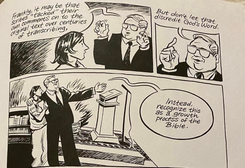 A page from "Blankets" shows one of its characters asking a slickly-dressed pastor-type religious leader about the authorship of the Bible.