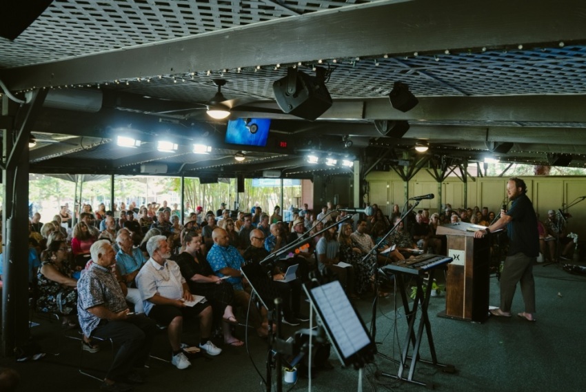 A worship gathering held at Kumulani Chapel in Maui, a congregation affiliated with Harvest Christian Fellowship in California.