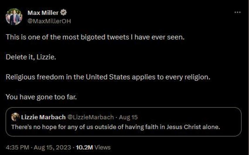 A screenshot of Rep. Max Miller's tweet calling an Ohio pro-life activist's statement about