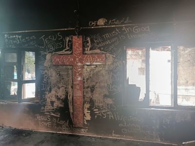 The charred building of the Salvation Army Church burned on August 16, 2023, in Jaranwala, Pakistan.