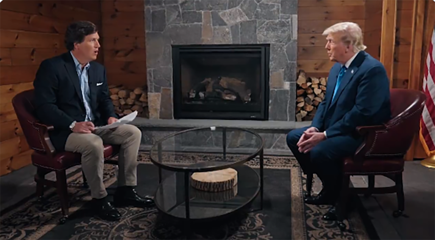 Tucker Carlson interviews former President Donald Trump at Trump National Golf Course Bedminster in New Jersey, Aug. 24, 2023.