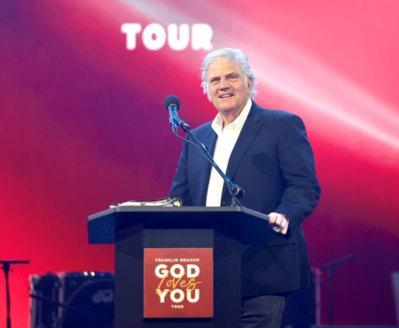 The Rev. Franklin Graham speaks at the "God Loves Your" tour event at the ExCel London convention center in London, England, on Saturday, Aug. 26, 2023.