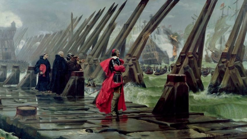 A 19th century painting by Henri Motte that depicts Cardinal Richelieu overseeing the siege of La Rochelle in 1628 and the sea wall created to stop any aid to the city.