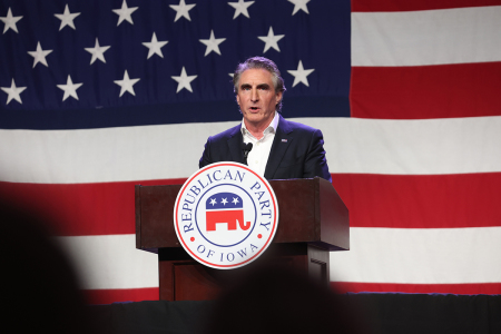Republican presidential candidate North Dakota Governor Doug Burgum speaks to guests at the Republican Party of Iowa 2023 Lincoln Dinner on July 28, 2023, in Des Moines, Iowa. Thirteen Republican presidential candidates were scheduled to speak at the event.
