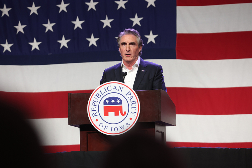 Republican presidential candidate North Dakota Governor Doug Burgum speaks to guests at the Republican Party of Iowa 2023 Lincoln Dinner on July 28, 2023, in Des Moines, Iowa. Thirteen Republican presidential candidates were scheduled to speak at the event.
