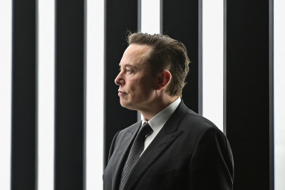 Tesla CEO Elon Musk is pictured as he attends the start of the production at Tesla's