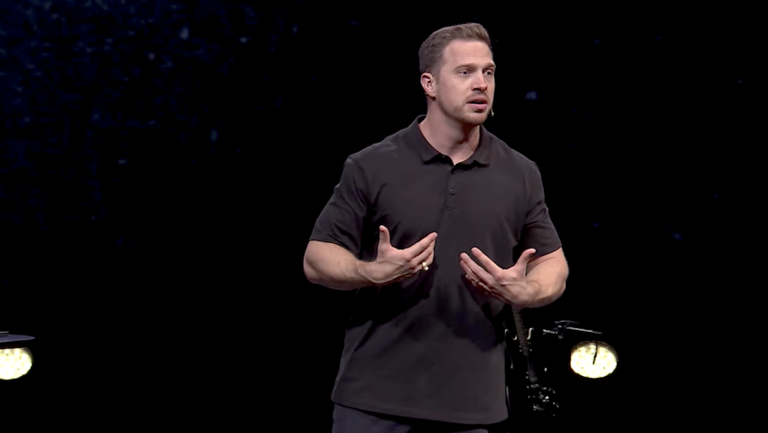 Pastor Kylen Perry delivers a sermon about identity for The Porch young adults and singles ministry at Watermark Community Church in Dallas, Texas, on September 6, 2023.