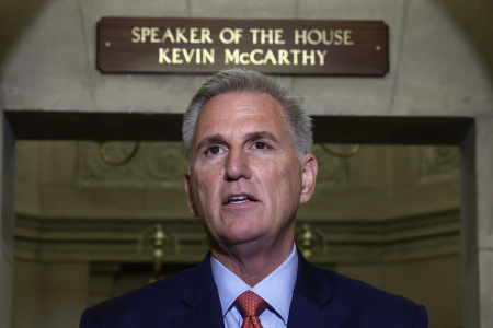 Speaker of the House Kevin McCarthy, R-Calif., announces an impeachment inquiry against U.S. President Joe Biden to members of the news media outside his office at the U.S. Capitol on September 12, 2023, in Washington, D.C.
