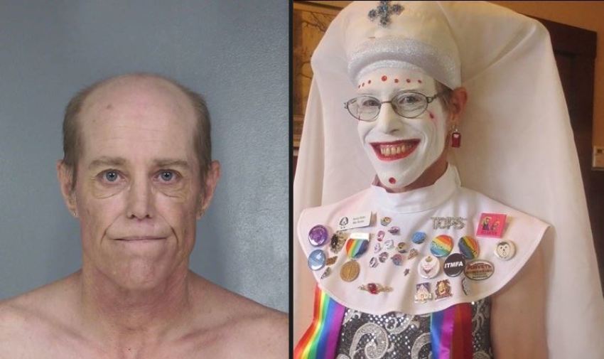 (Left) Booking photo of Clinton Monroe Ellis-Gilmore; (Right) Gilmore dressed as a nun in a Facebook post.
