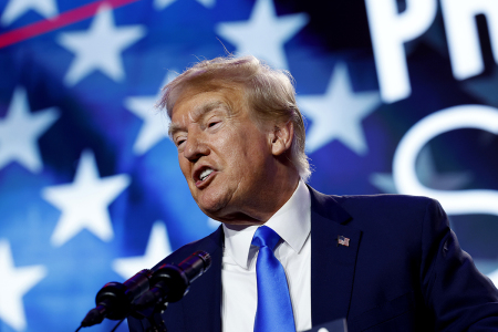 Republican presidential candidate former President Donald Trump speaks at the Pray Vote Stand Summit at the Omni Shoreham Hotel on September 15, 2023, in Washington, D.C. The summit featured remarks from multiple 2024 Republican Presidential candidates making their case to the conservative audience members.