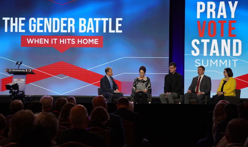 From Left: Tony Perkins, president of the Family Research Council, Amy Atterberry, Brandon Showalter, Missouri Attorney General Andrew Bailey and Jennifer Bauwens speak during a panel discussion on the topic of transgenderism, titled "When The Gender Battle Hits Home" at FRC’s Pray Vote Stand Summit in Washington, D.C., on September 16, 2023.