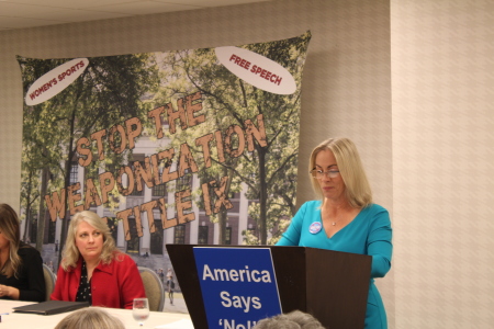 SAVE Media Consultant Rebecca Hain (right) speaks during a discussion on Title IX on Sept. 21, 2023, in Washington, D.C. Debbie Cloud (left), co-director of American Life & Liberty PAC, was one of the speakers at the event.