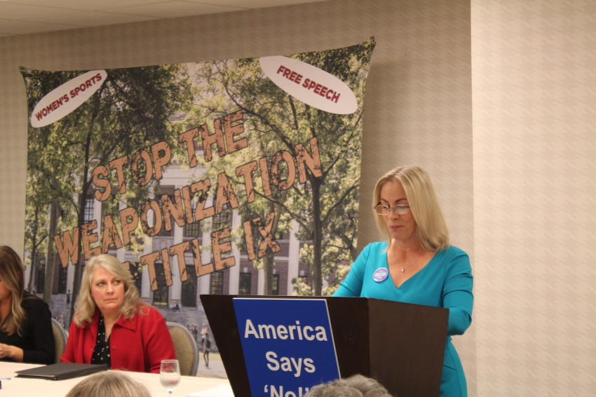 SAVE Media Consultant Rebecca Hain (right) speaks during a discussion on Title IX on Sept. 21, 2023, in Washington, D.C. Debbie Cloud (left), co-director of American Life & Liberty PAC, was one of the speakers at the event.