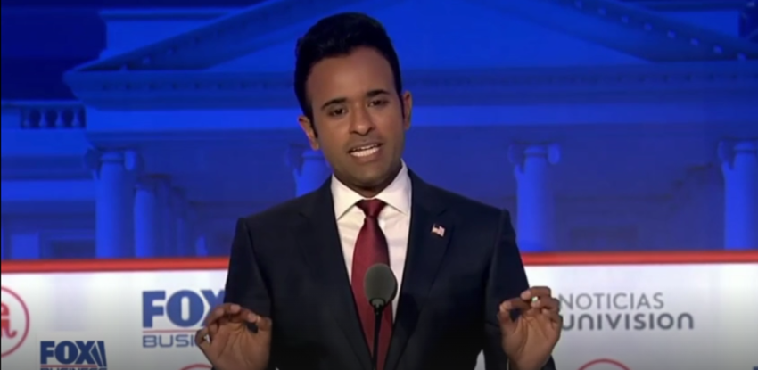 Entrepreneur Vivek Ramaswamy speaks at the second Republican presidential debate in Simi Valley, California, Sept. 27, 2023.