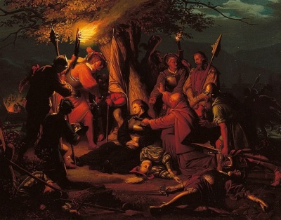 A 19th century depiction of the death of Protestant Reformation leader Ulrich Zwingli at the battle of Kappel in 1531, painted by August Weckesser.